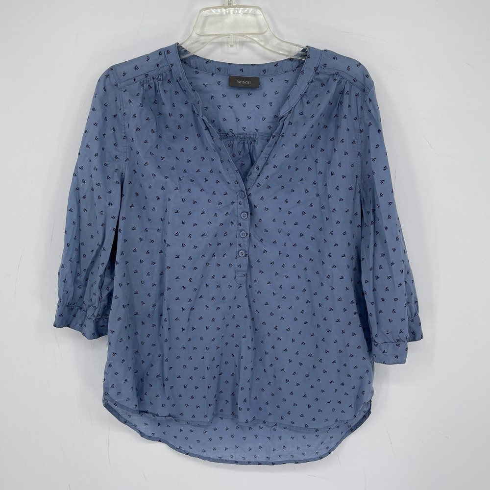 Yessica Women's Blue Geometric Print Henley Boho Peasant Top Blouse Size M 40
